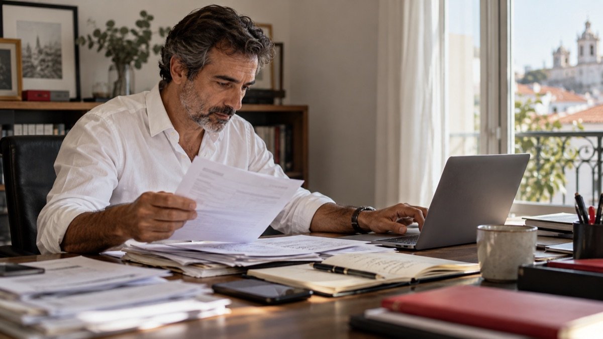 Profissional perante uma pilha de documentos e tarefas administrativas