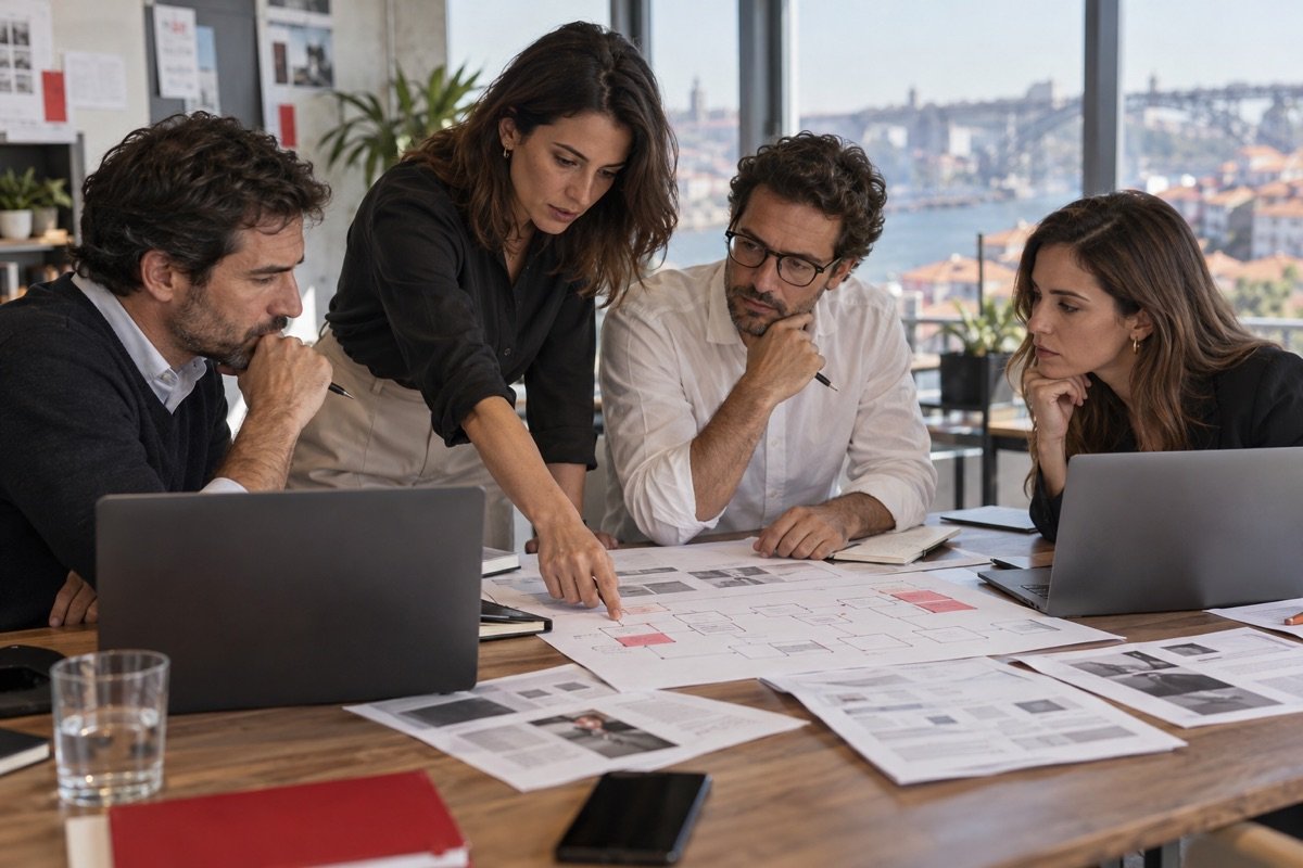 Equipa a rever o resultado de uma ferramenta de IA no trabalho